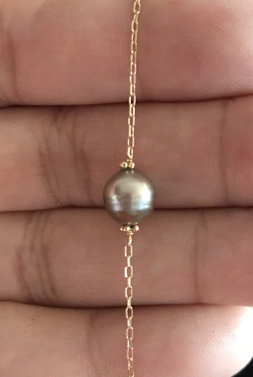 14k Yellow Gold Freshwater Black Gray Pearl Floating Station Necklace Choker 17”