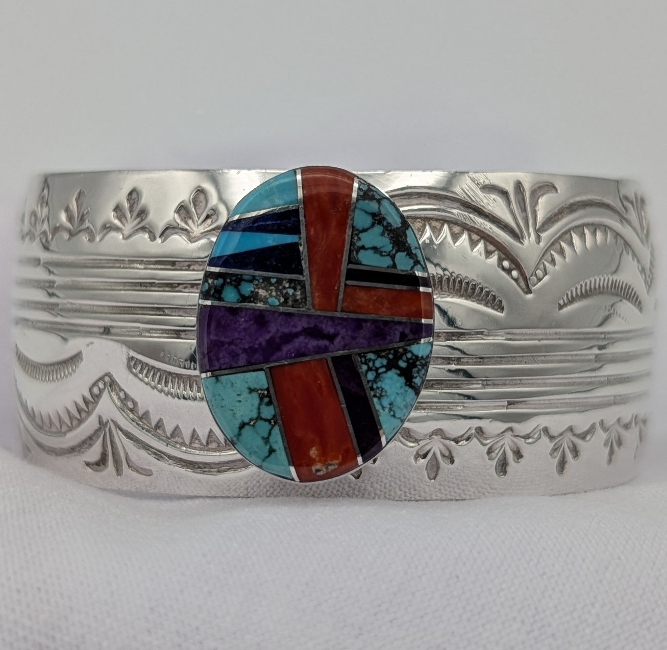 Vintage Navajo Sterling Silver Cuff Bracelet Turquoise Coral Sugilite Blackgoat