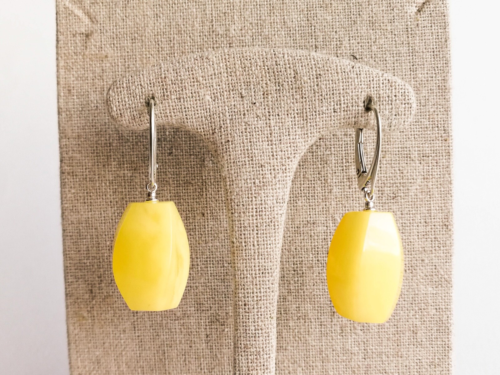 Natural Baltic Amber TORVELA Earrings thick cut shape matt yellow silver 1,57in