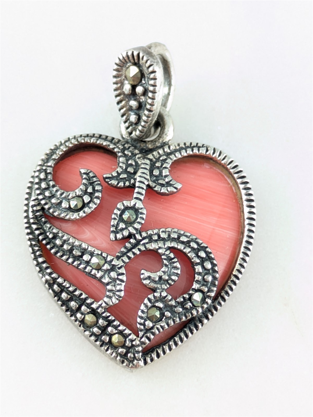 FAS Vintage Solid Sterling Silver Pink Coral Heart Marcasite Pendant 3 Grams