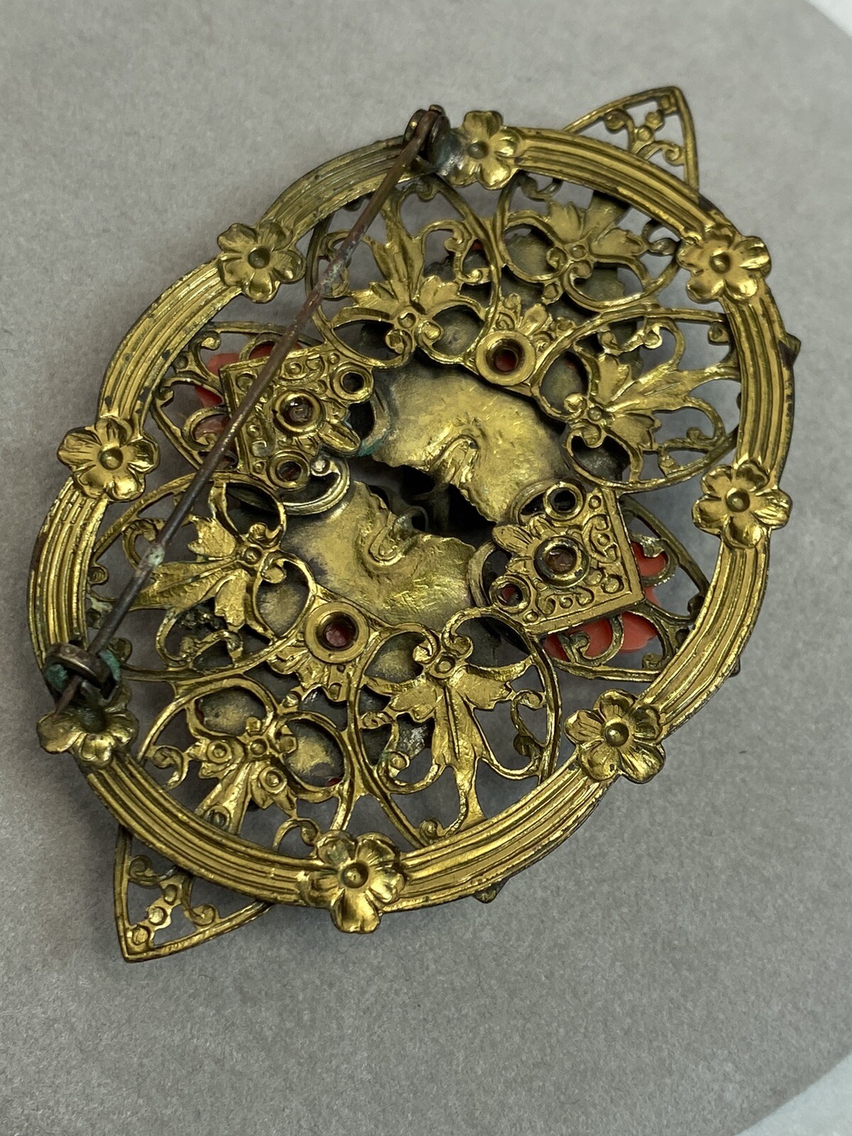 Vintage Filigree Brooch Estate Jewelry Pre-Owned Coral Rose XXL Die Struck