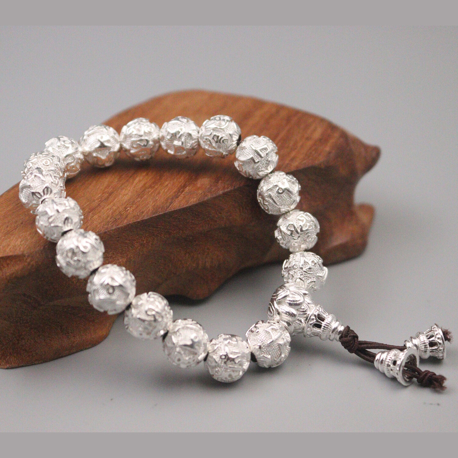 Pure Silver Bracelet For Men Women Sutra Mantra Lucky 10mm Beaded Bracelet