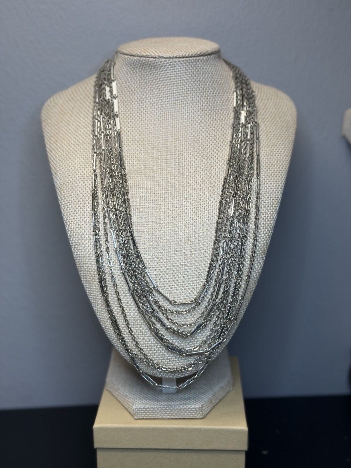 Sarah Coventry Signed Silver Tone Multi Strand Layered Bar Link Necklace