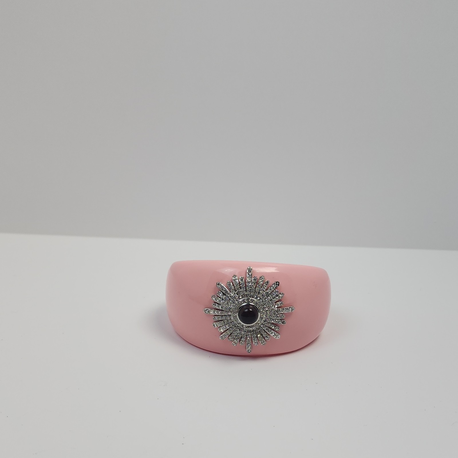 Pink Open Cuff Bracelet Silver-Tone Sunburst Rhinestones Red Cabochon Stone