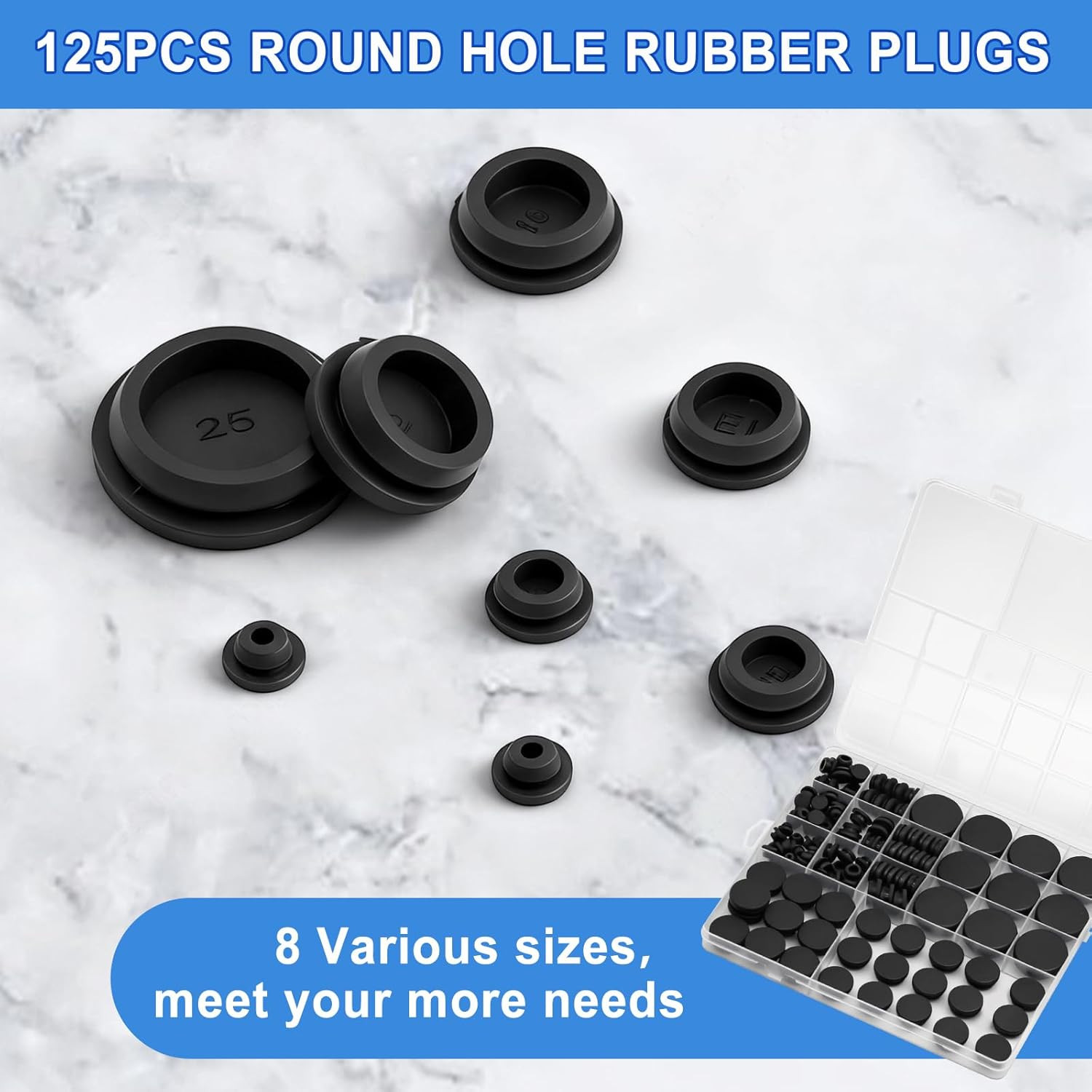 125Pcs Black Rubber Hole Plugs Assorted Sizes Silicone Round Plug Kit