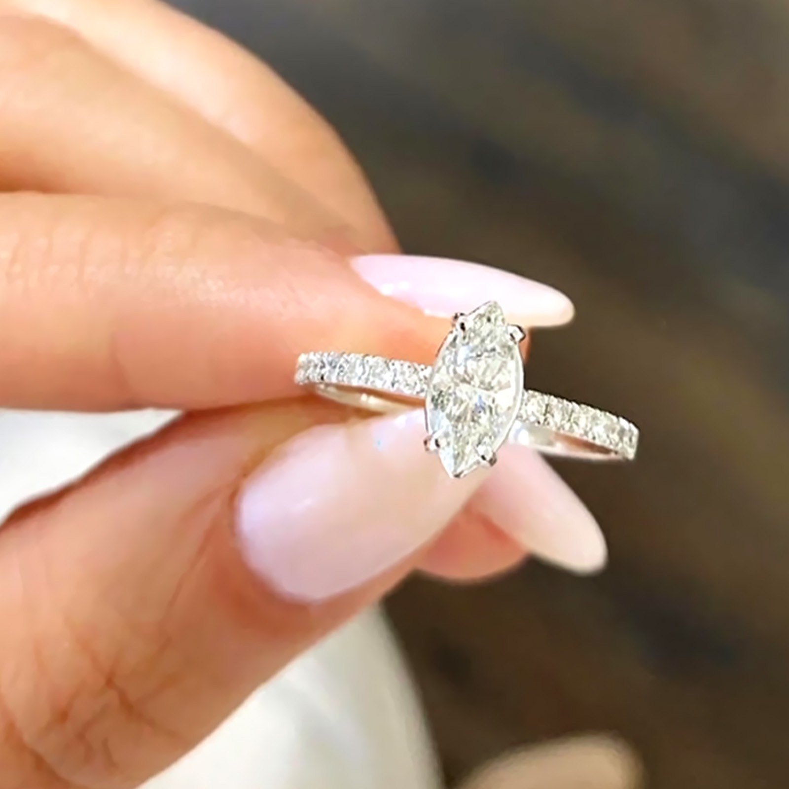 Diamond Ring Gold Lab Grown Designer Marquise Cut 18k White GLI E F 0.89 Carat