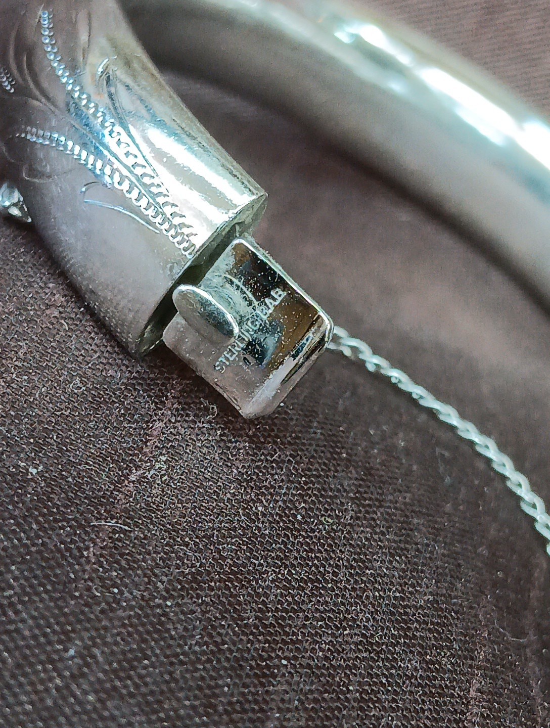 Vintage B.A.B Sterling Silver Hinded Bangle with Safety Chain 27 Grams