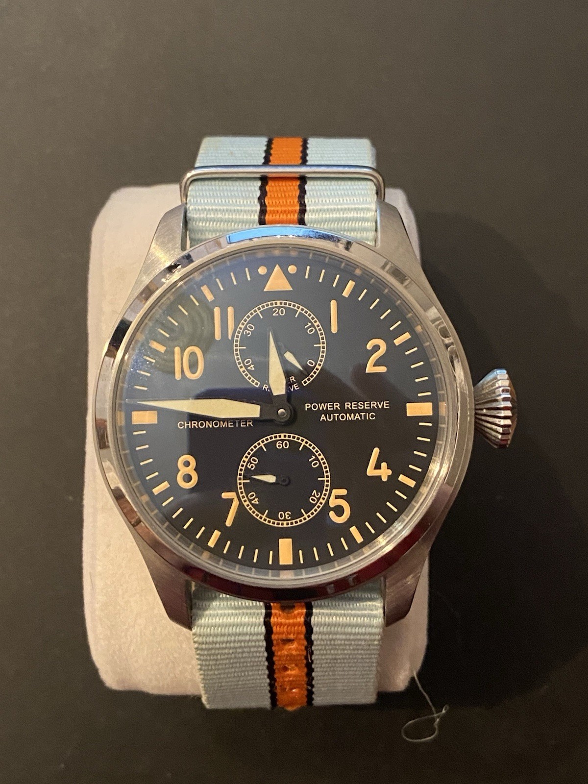 Automatic Power Reserve Pilot Watch Blue Dial Exhibition Caseback Nylon Strap
