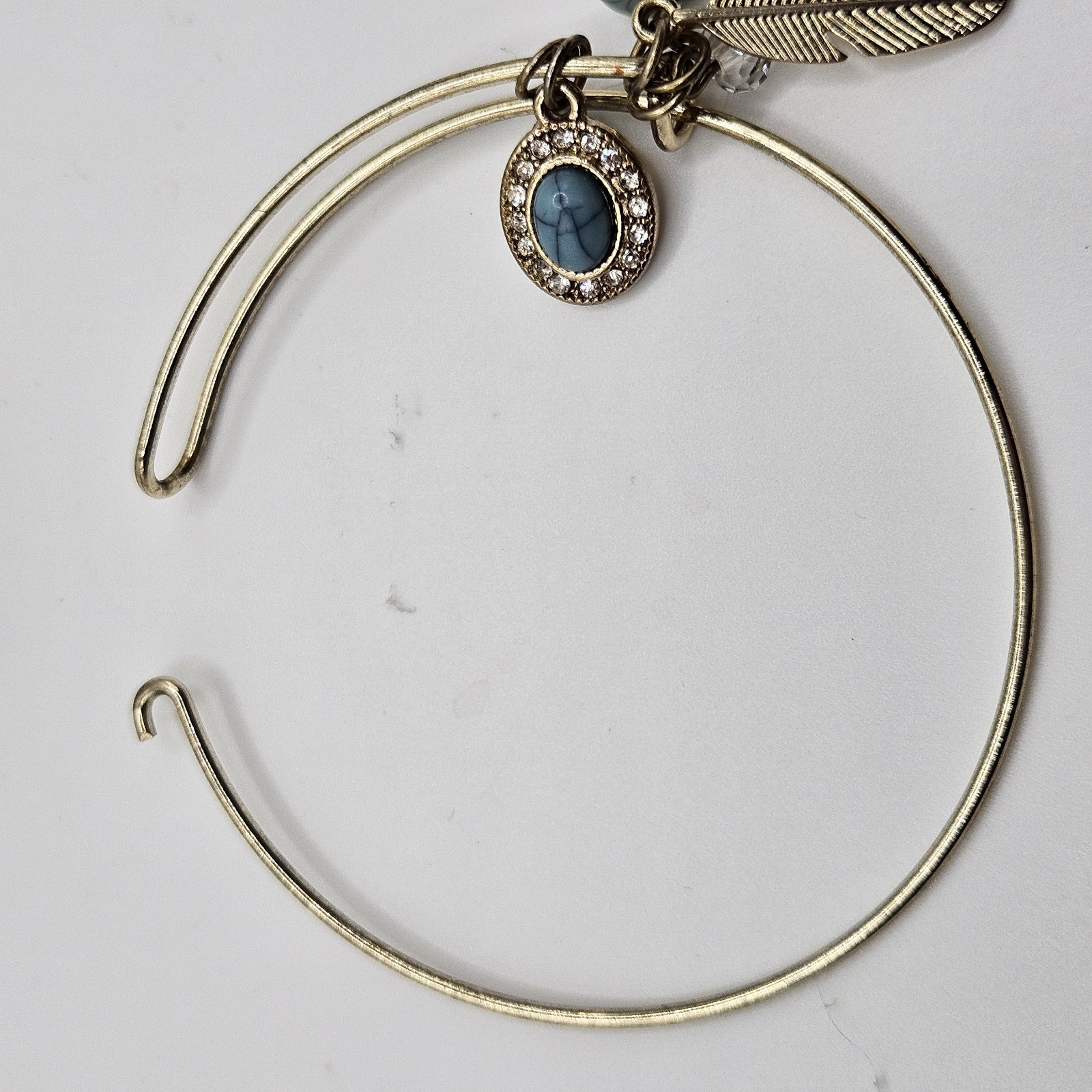 Feather And Faux Torquoise Silver Tone Rhinestone Bangle Charm Bracelet