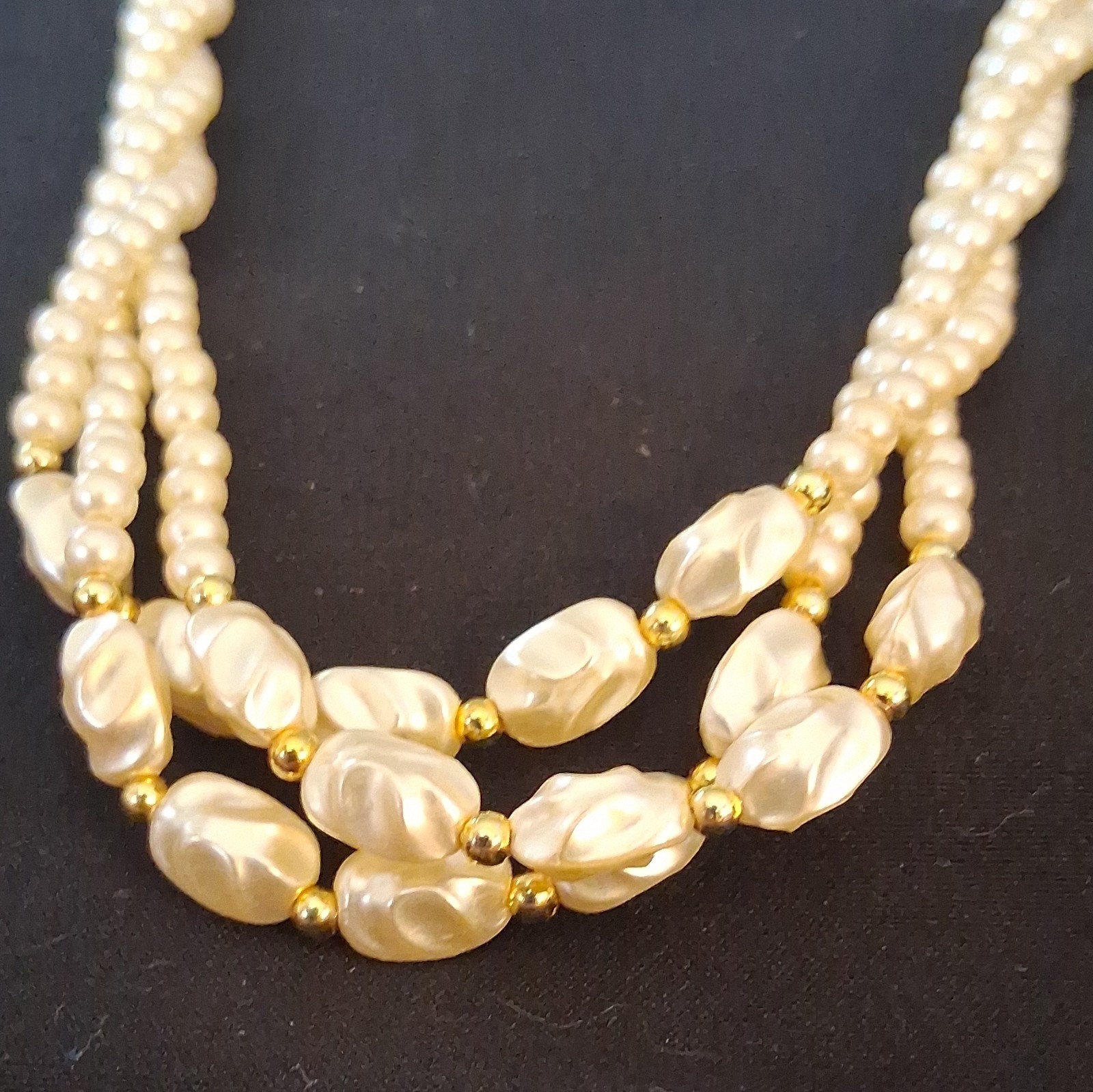 Multi-Strand White Faux Pearl Beaded Necklace Baroque Simulated Spring Ring