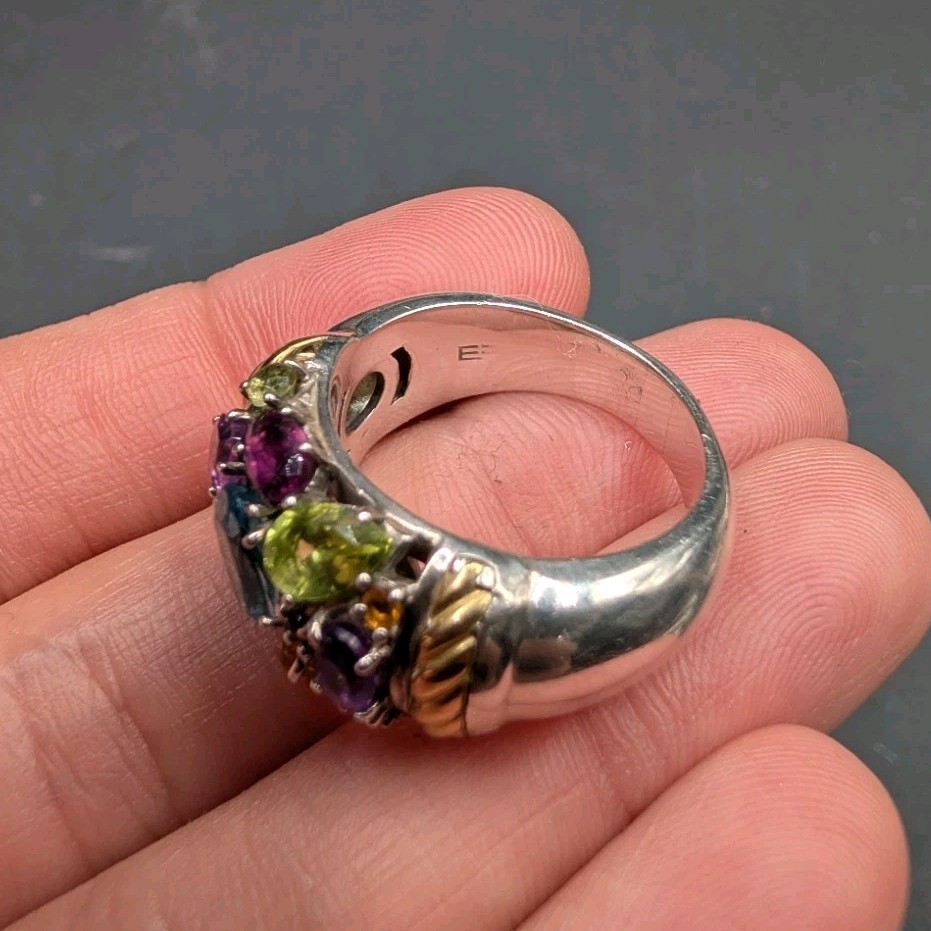 EFFY Sterling Silver 925 Gold Accent Multi Gemstone Cluster Ring Size 8