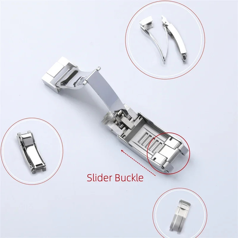 Steel Watch Band Glidelock Slider Buckle Fits Rolex Rubber Strap Silver / Black