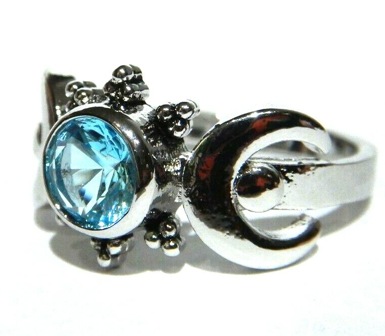MOON PHASE RING silvertone blue crystal stone full & crescent Wiccan Pagan V3