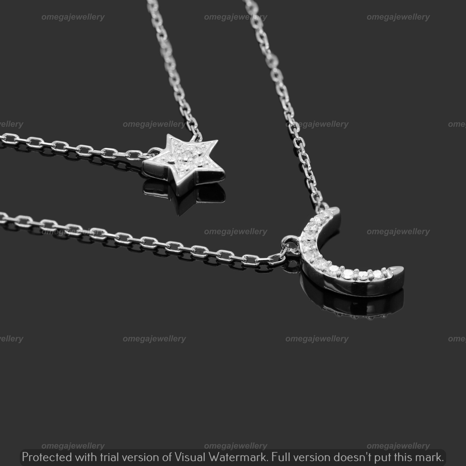 0.10 Ct Natural I2 H Diamond Star & Moon Chain Necklace 14K White Gold 18″