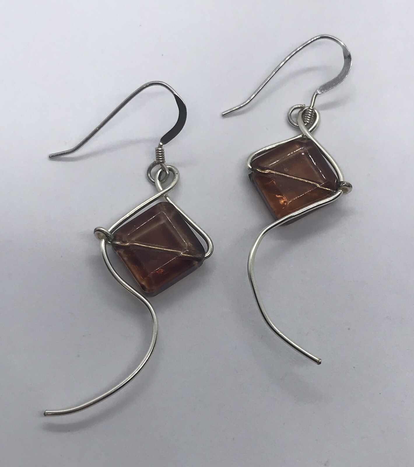 Sterling Silver 925 Rhombus Brown Glass & Wire Art earrings Kite Like