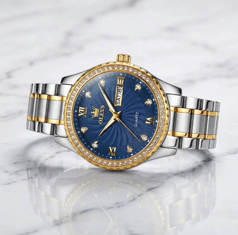 Men Luxury Blue Dial Business Watch Stainless Jewel Bezel Analog Date Wristwatch