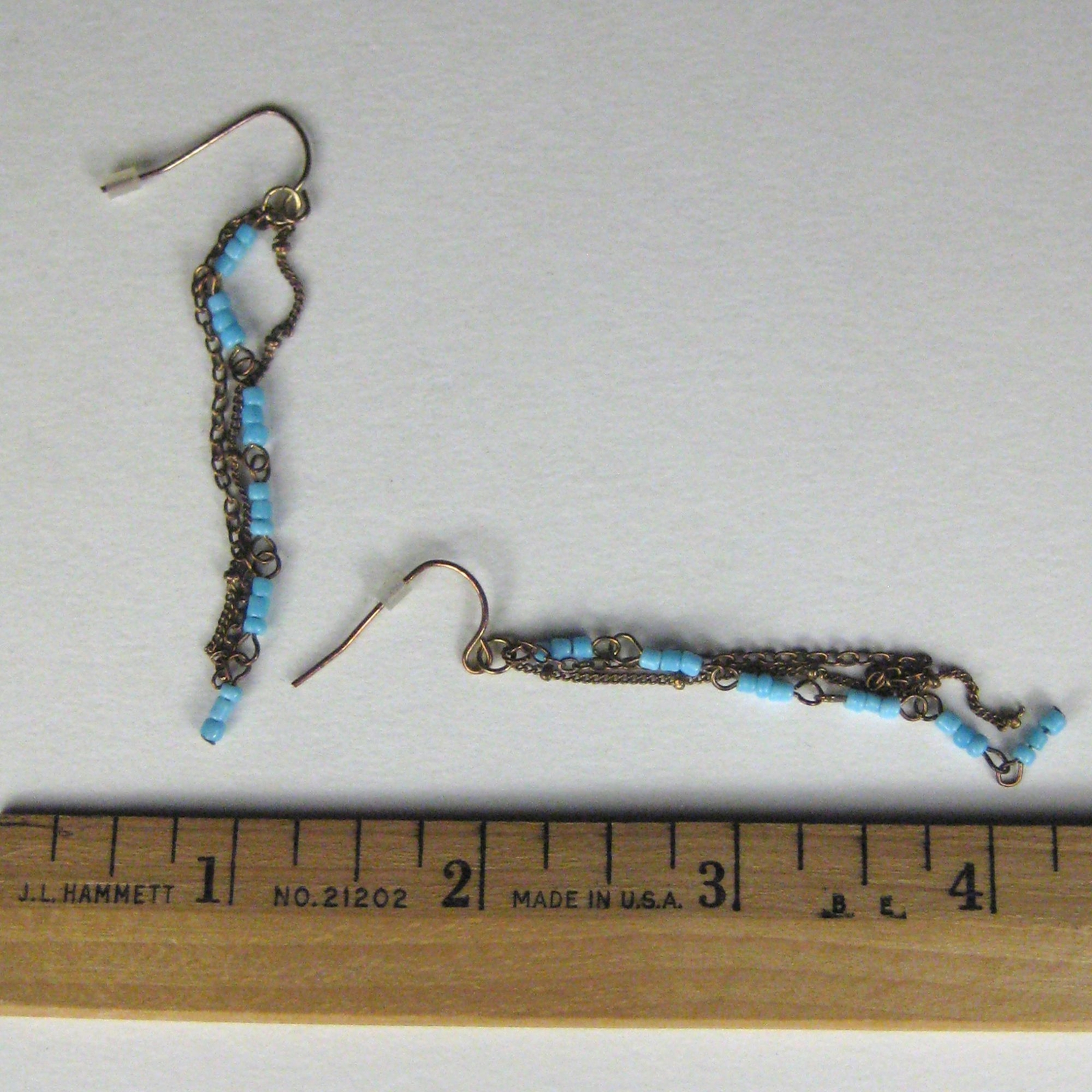 Blue Sead Beaded Dangle Earrings Pierced Copper Color Metal Chain 2.8 in