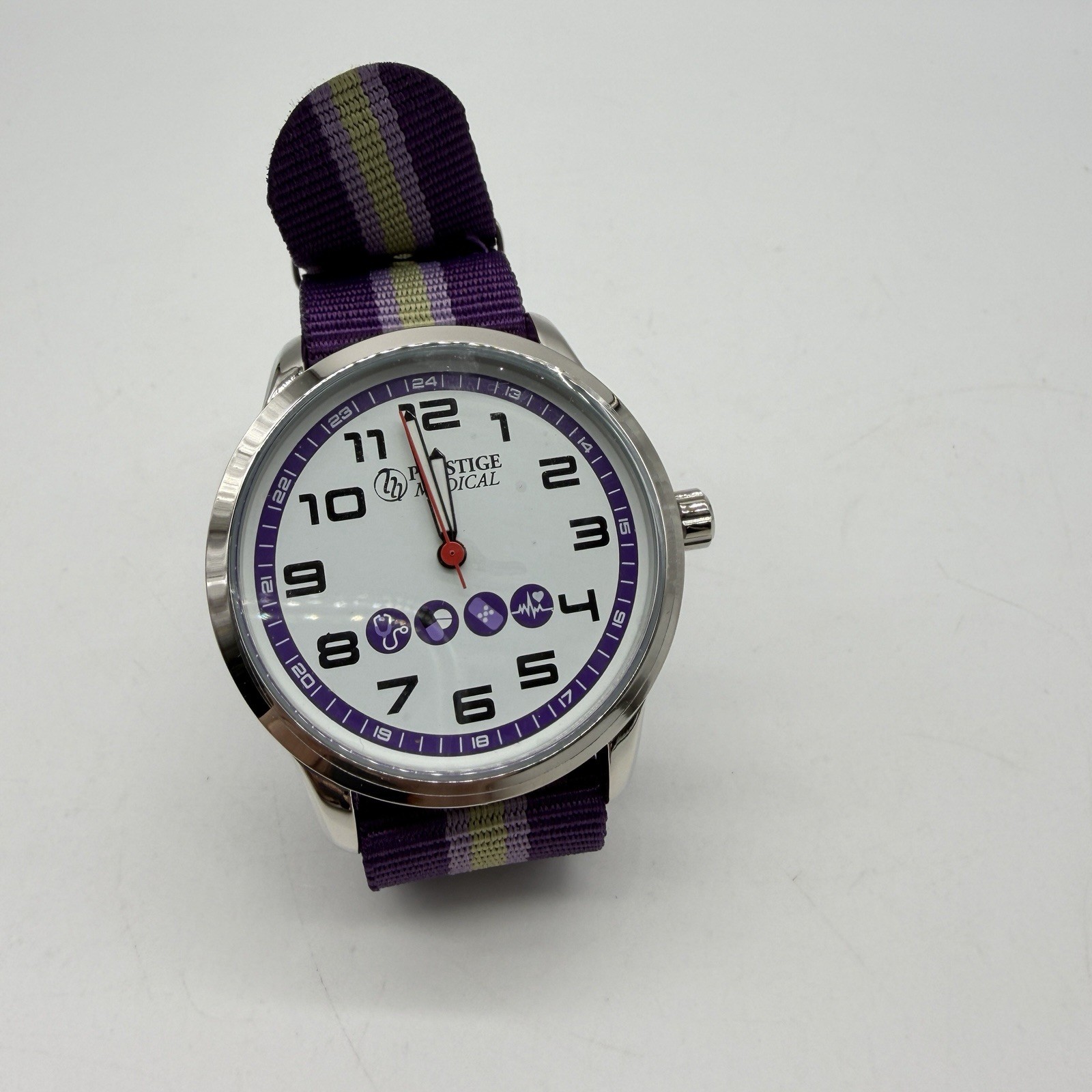 Prestige Medical women’s nurse watch water-resistant striped nylon strap -Purple