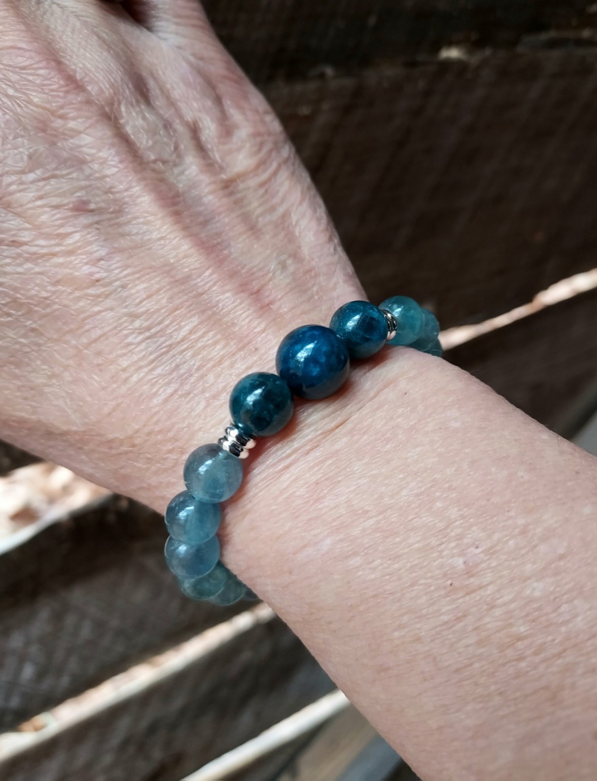 Blue Fluorite Bracelet With Blue Apatite, One Of A Kind Crystal Healing, 6.50″