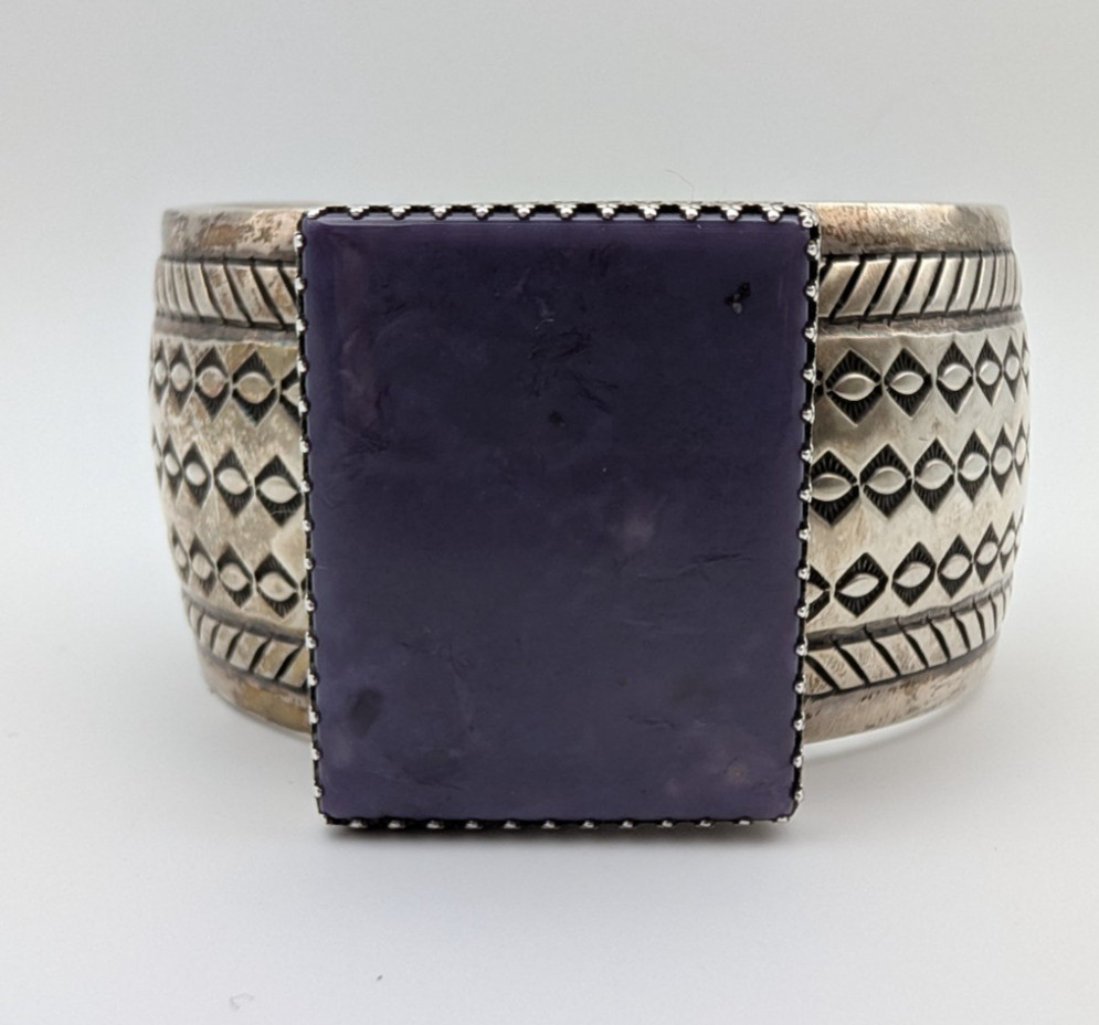 Gary S. Custer Navajo Sterling Charoite Cuff 114g Hand-Stamped 1⅜” Wide