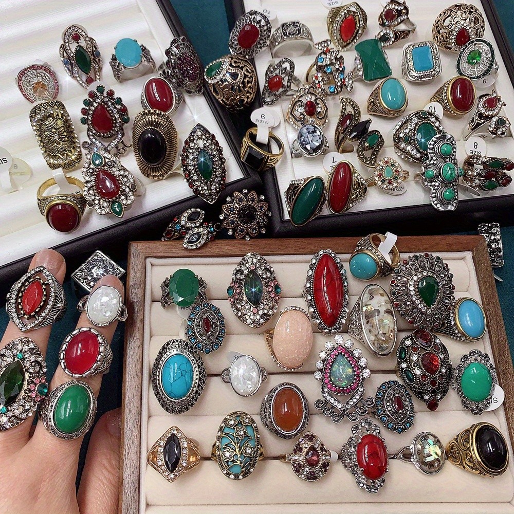 Vintage Elegant Ring For Women Men, 10pc Random Rings Inlaid Synthetic Turquoise
