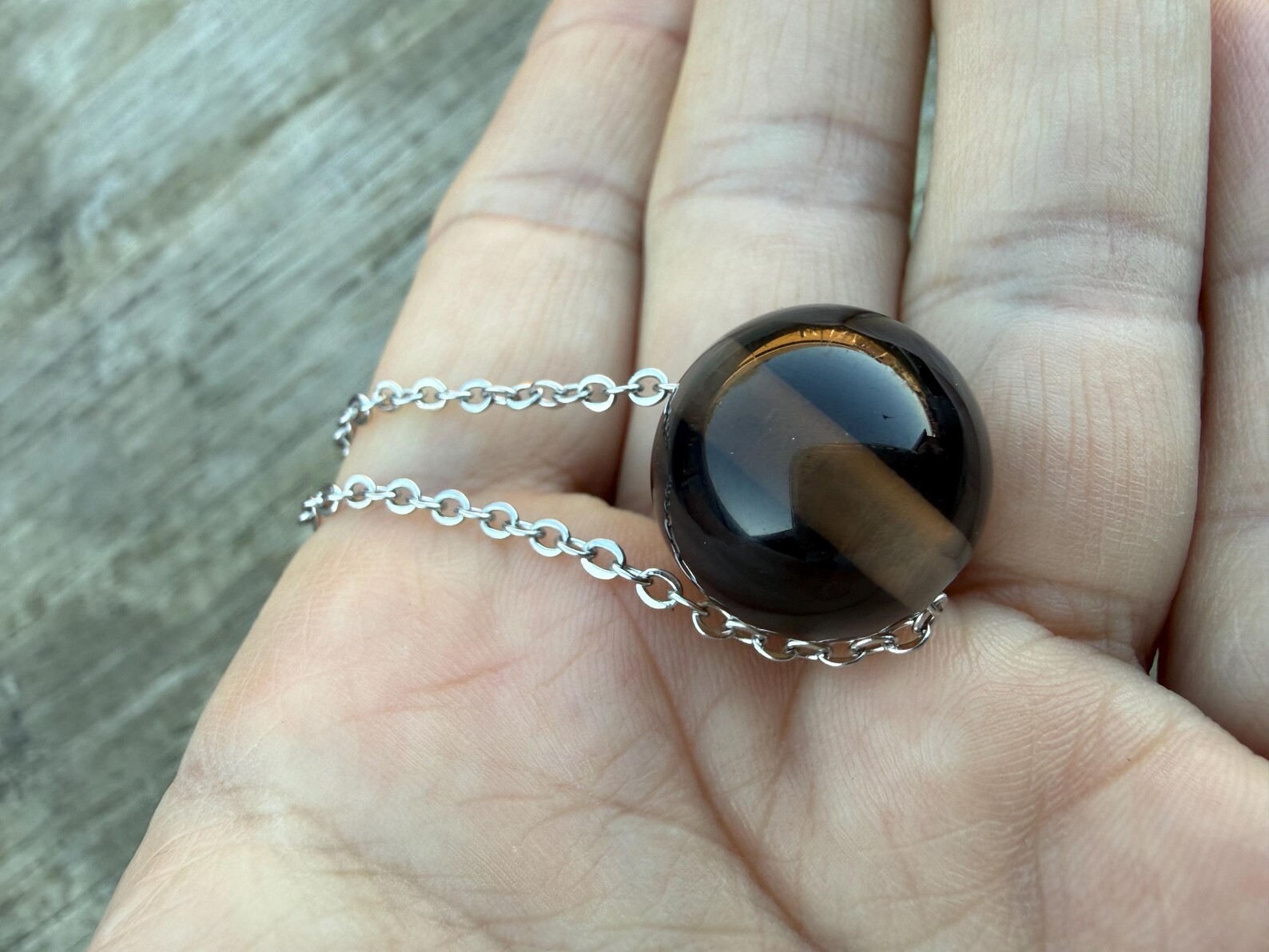 Large 18 mm round Smoky Quartz stone on chain minimalist necklace