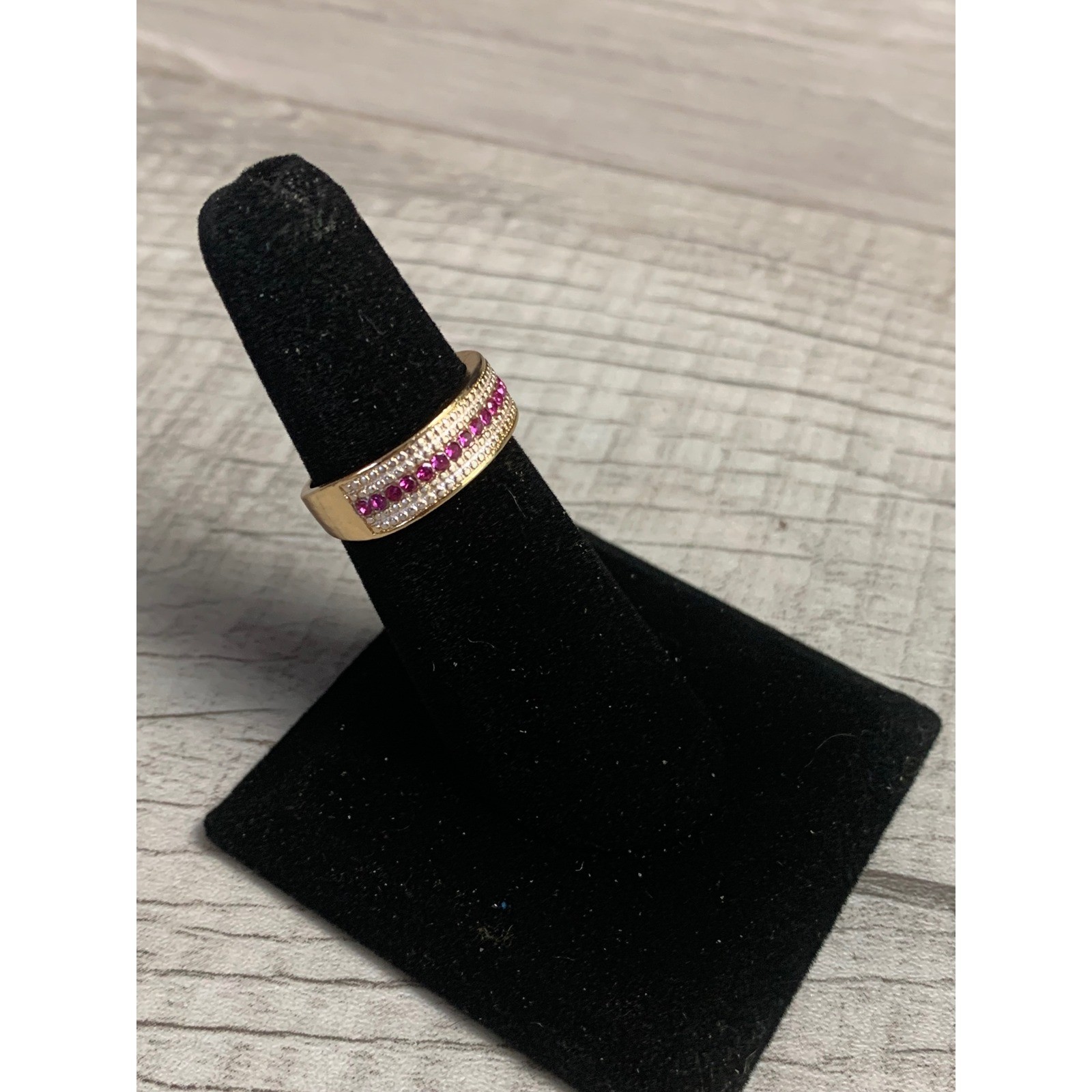 Gold Tone Pink and Clear Stone Triple Row Band Ring Size 6.25 Statement Jewelry
