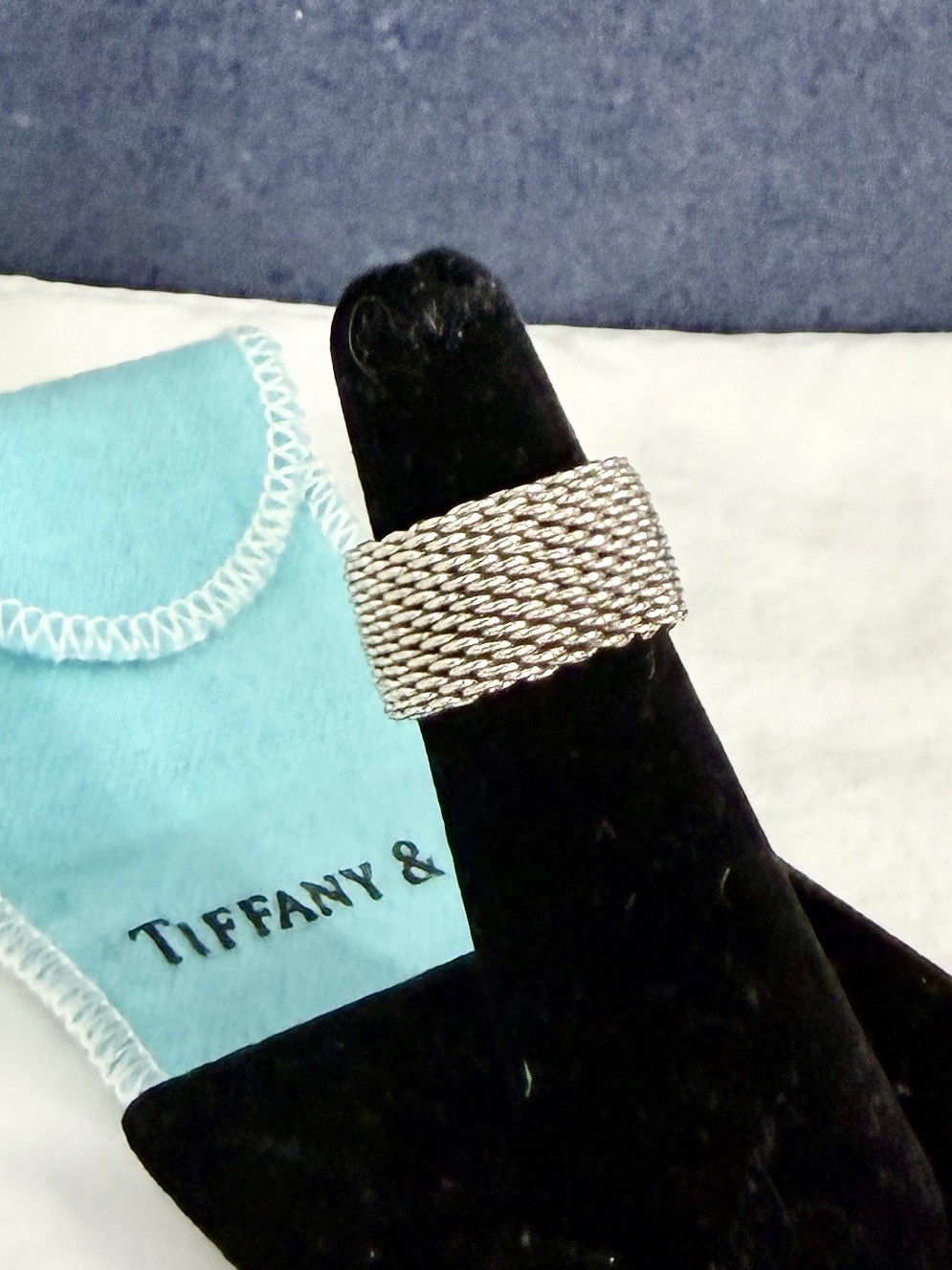 TIFFANY & CO. Sterling Silver Somerset Mesh 10mm Wide Band Ring; SIZE 5 w/ COA