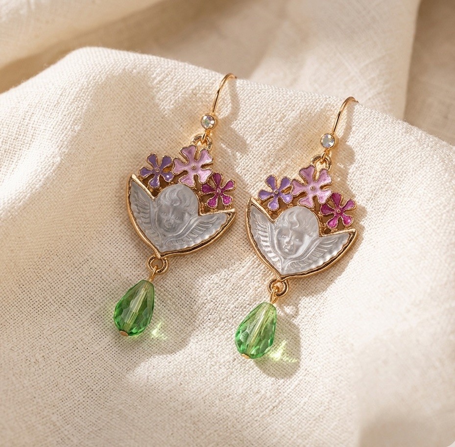 Medieval Cherub Museum Angel Floral Earrings Crystal VTG Gold Flower Art Boho CZ