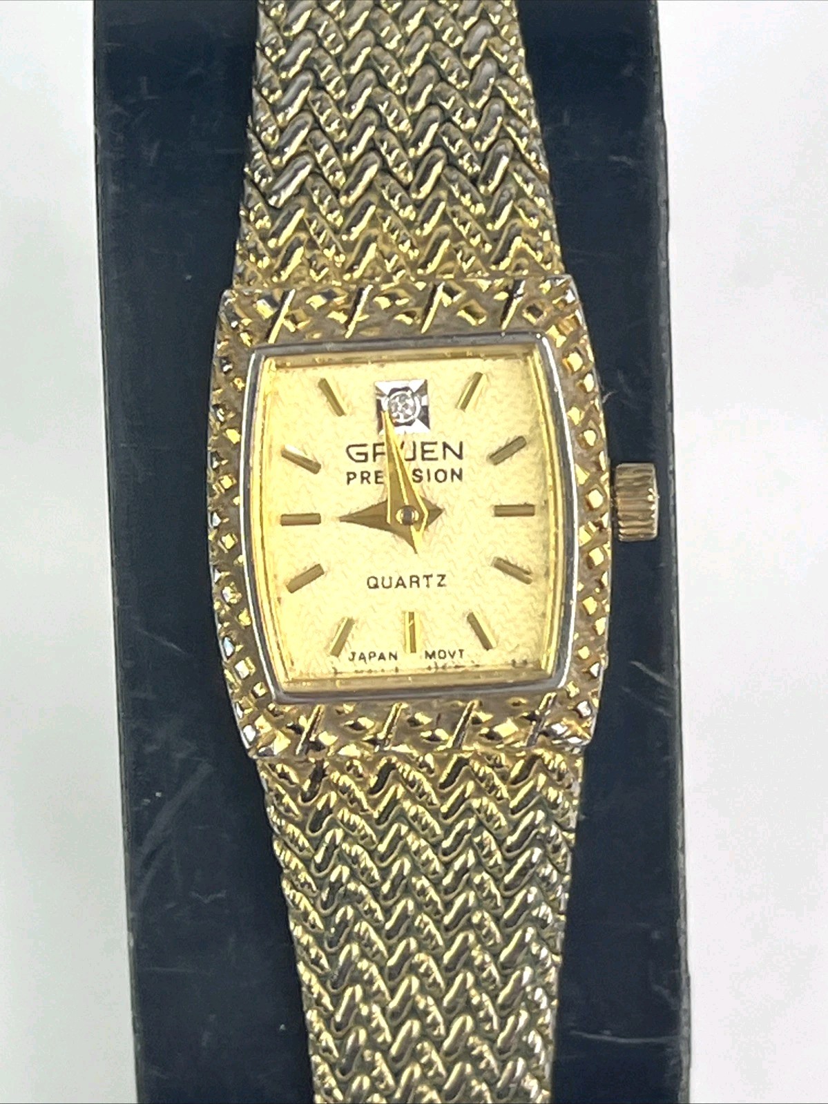 Gruen Precision Women’s Watch 15mm Gold Tone Diamond Accent ADJ. Band New Batt