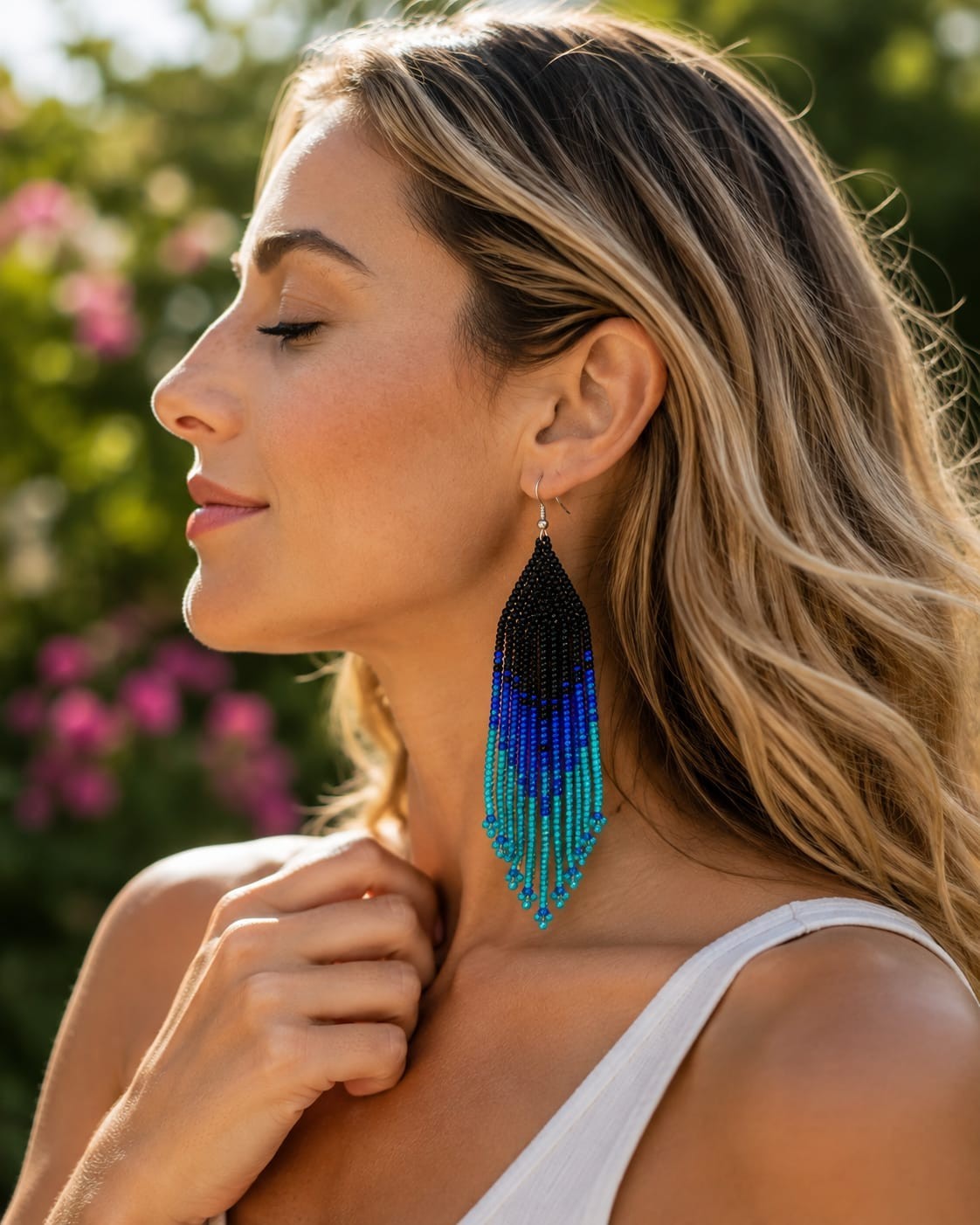 Handmade Seed Bead Fringe Earrings Long Tassel Boho Dangle Statement Jewelry.