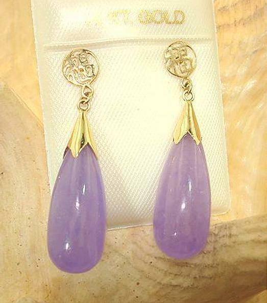 8MM 14K YELLOW GOLD GOOD FORTUNE TEARDROP LAVENDER JADE DANGLY STUD EARRINGS #1