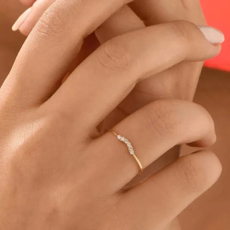 V Shape Chevron Minimalist Thin Wedding Band 925 Sterling Silver CZ Promise Ring