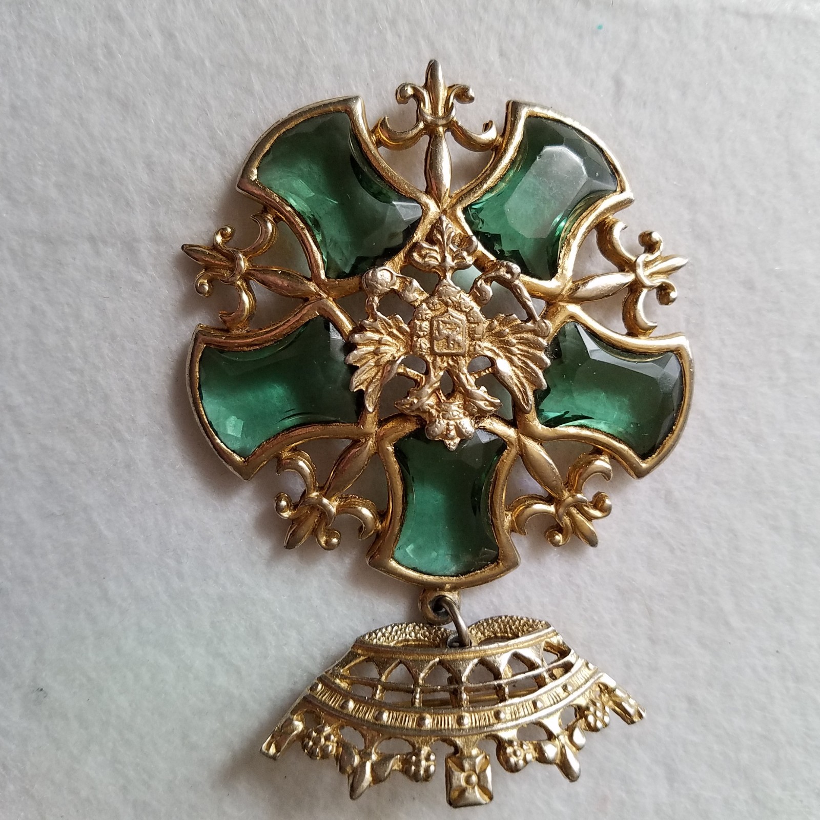 Vintage Crown Doubled-Headed Eagle Shield Green Rhinestone Fleur de Lis Brooch