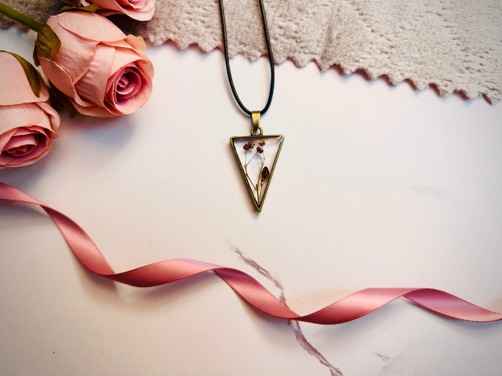 Real Flower Triangle Necklace, Antique Resin Pendant, Boho Botanical Jewel