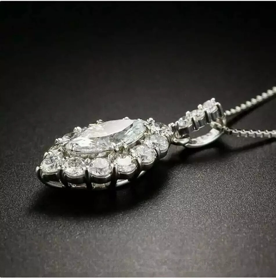 3 Carat Marquise Cut VVS1 Diamond Halo Pendant Necklace 14K White Gold Finish