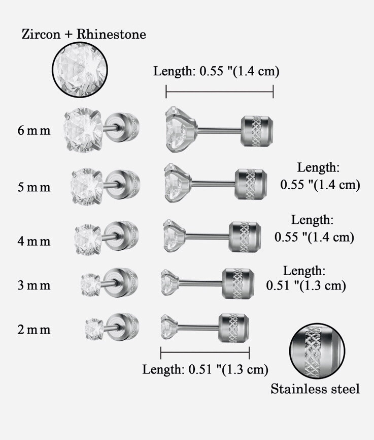 2PCS Silver Stainless Steel Round CZ Earrings Screw Back Ear Stud for Men Women