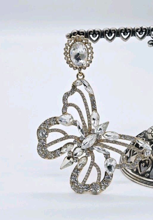 Butterfly Chandelier Earrings Crystal Pierced Gold Tone Dangling Bridal 3.75 in