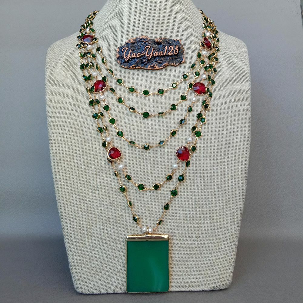5 Strands 18” White Pearl Green Crystal Chain Necklace Green Agate Pendant