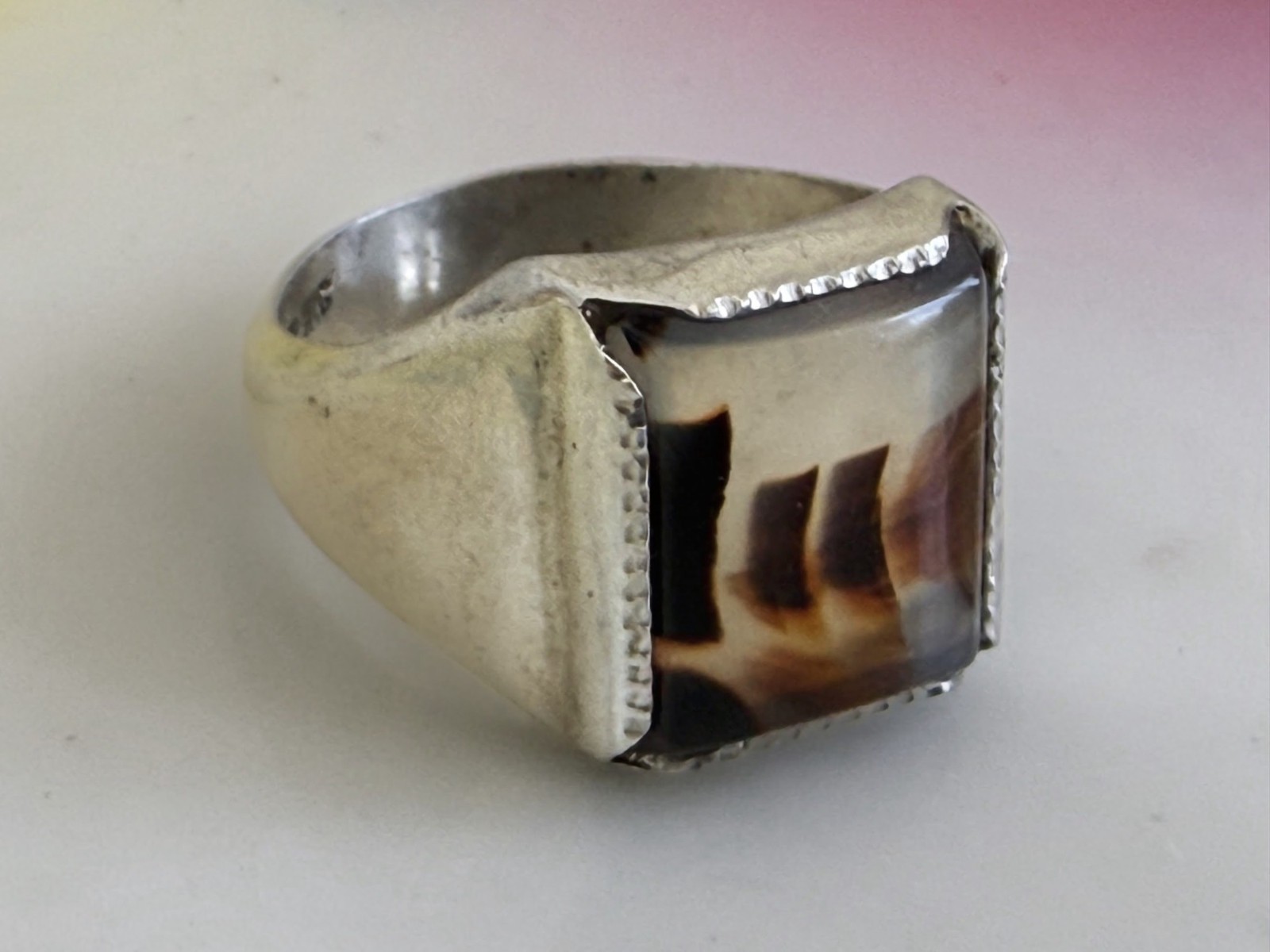 Vintage 50s Wheeler Mfg Sterling Dendritic Picture Agate Ring Size 6 3/4