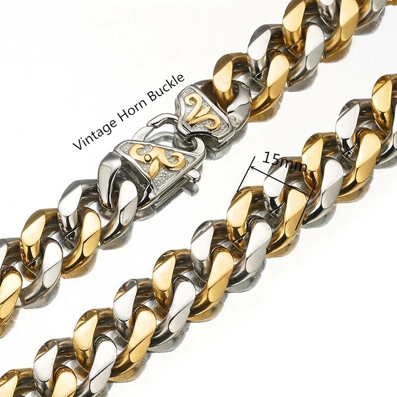 Men’s Black/Silver Tone Stainless Steel Curb Cuban Link Chain Necklace 16″-40″