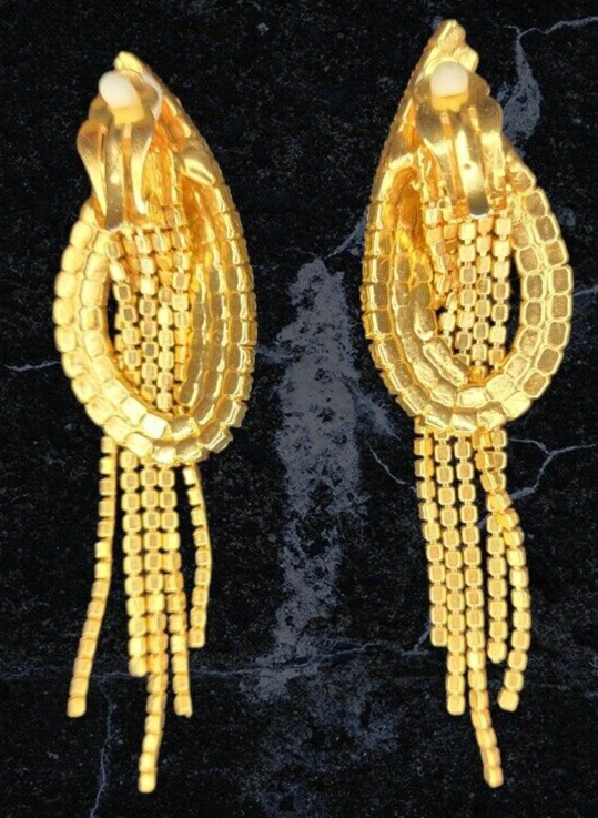 STRIKING Dangle Earrings Covered In Crystals Clip On Gold Tone Dangle 3.75″