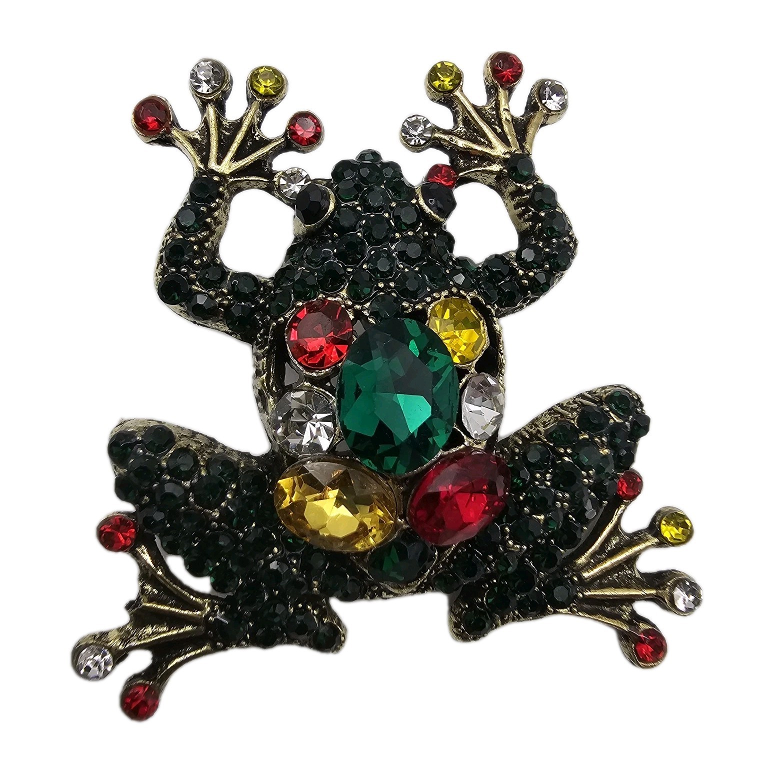NEW Frog Brooch Green Red Yellow Rhinestone Amphibian Pin Gold Tone