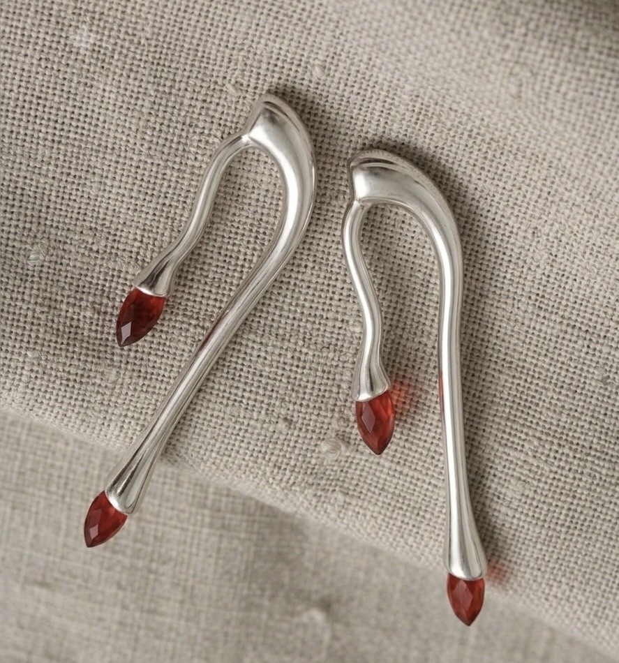 Modern Sculptural Earrings Silver COS Red Crystal Matchstick Steampunk Stud VTG