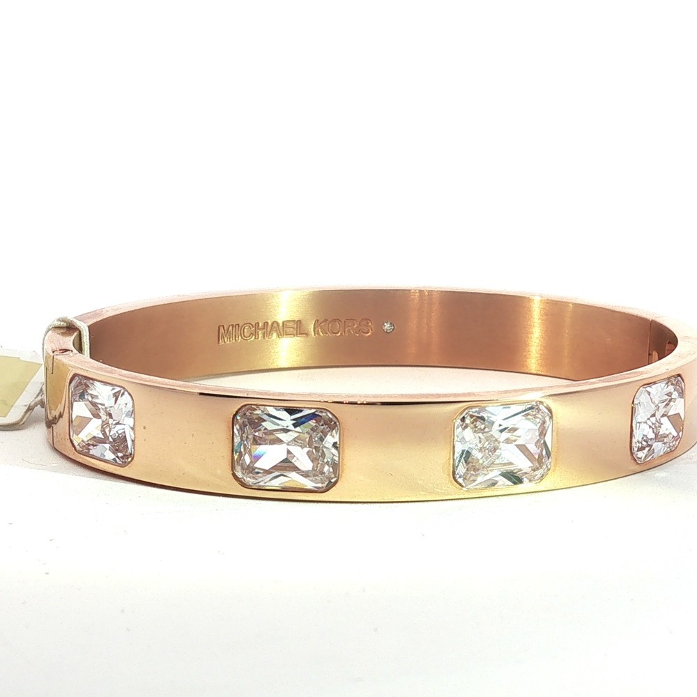 NWT Michael Kors Rose Gold Tone Crystal Bangle Bracelet Hinged MK Logo Gift