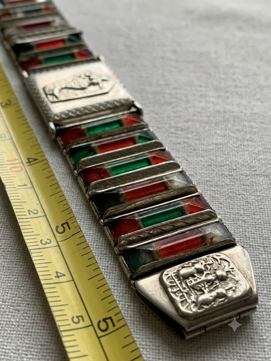 Vintage Expandable Bracelet – Mermaid & Three-Domed Church Motif – Folk Art Desi