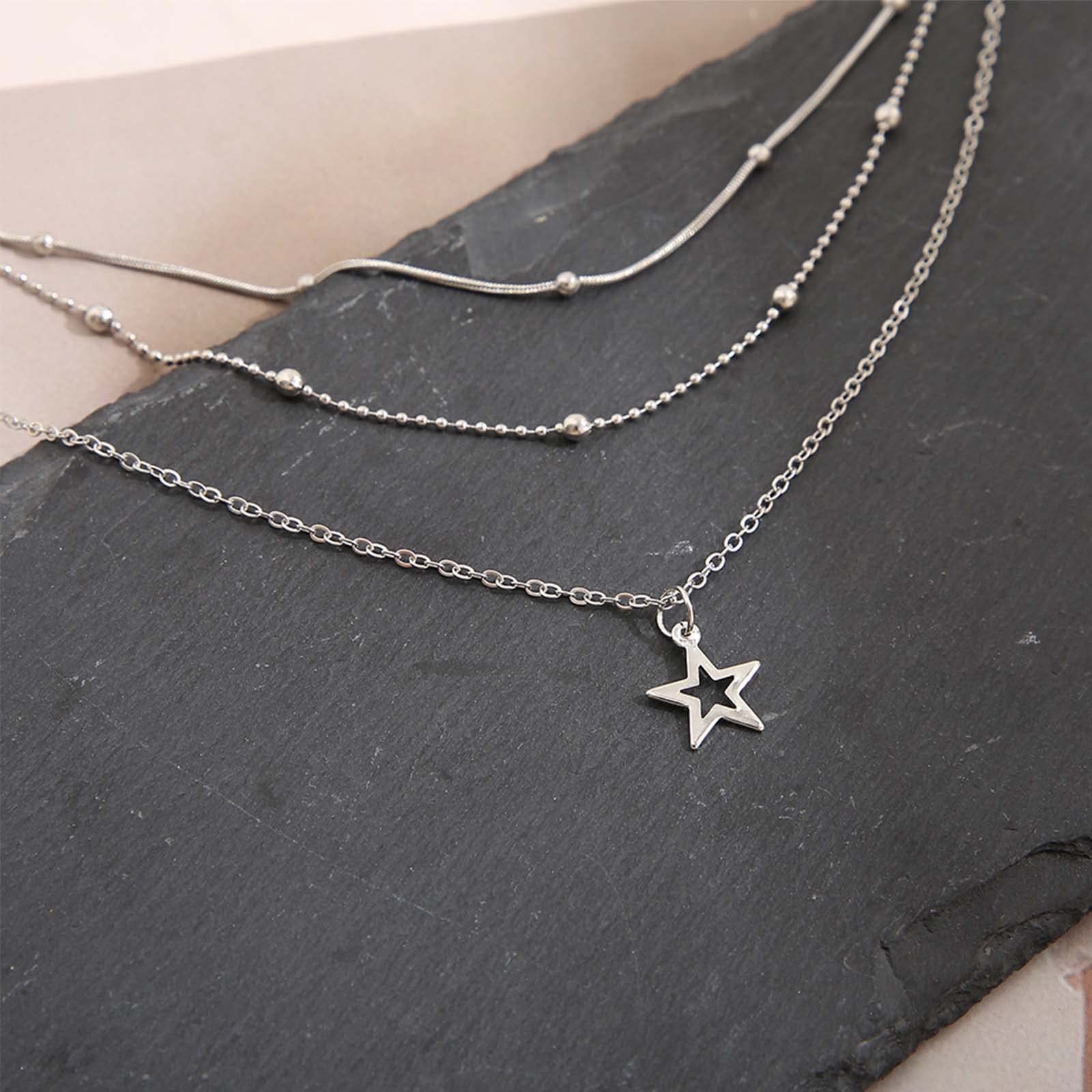 Boho Layered Star Necklace Choker – Silver Pendant, Beads Satellite Chain, Vinta