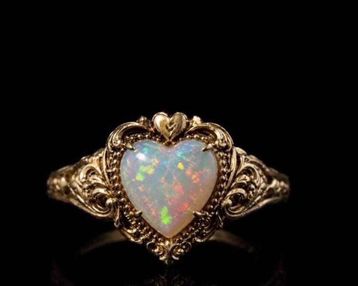 Heart Shaped Ethiopian Opal Ring, Vintage Filigree Band, October Birthstone, Ant