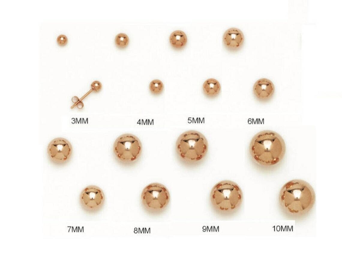 Solid 14k Rose Gold Ball Stud Earrings Butterfly Push Back