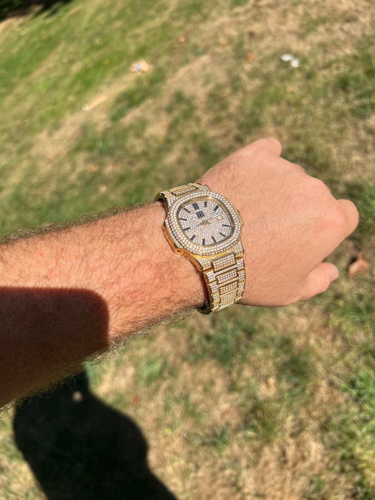 Real Mens Watch Fully Iced Gold Over Stainless Steel Bust Down Out 41mm Hip Hop